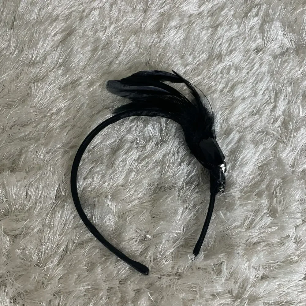 Black Feather Headband Rhinestone Embellished OSFA Flapper Costume